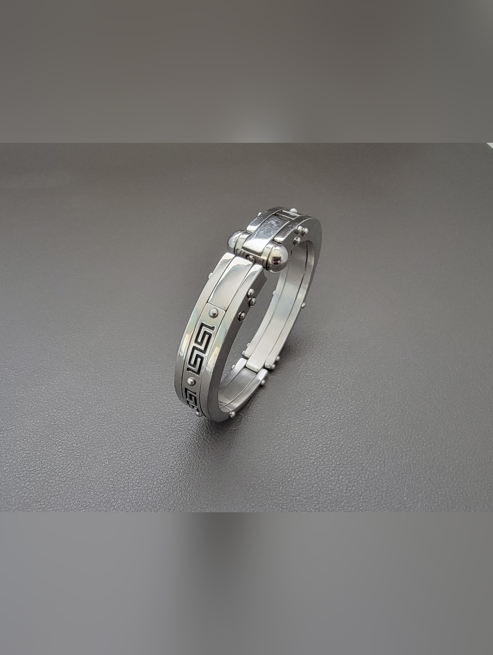 Men’s Stainless Steel Greek Key Bracelet | Hinged | Industrial Modern
